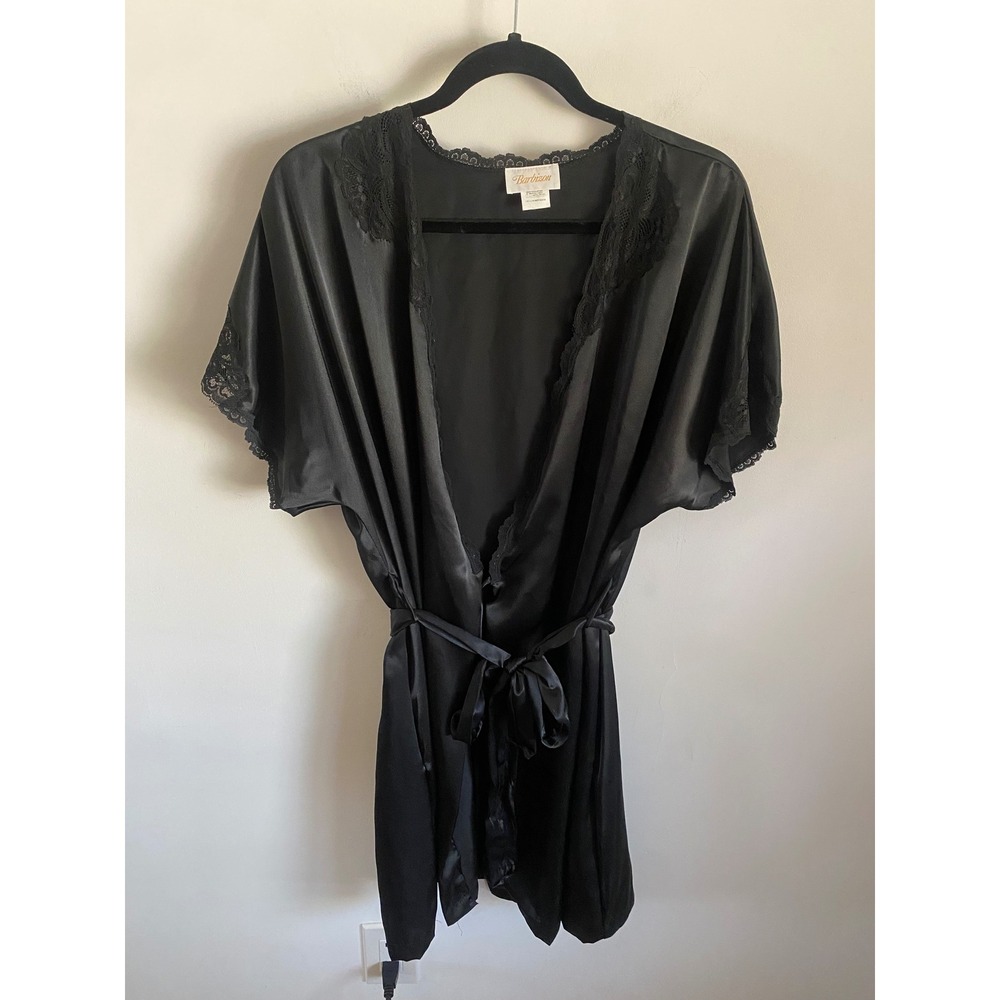 Barbizon Vintage Black Satin Lace Trim Short Kimono Robe Medium 50154
